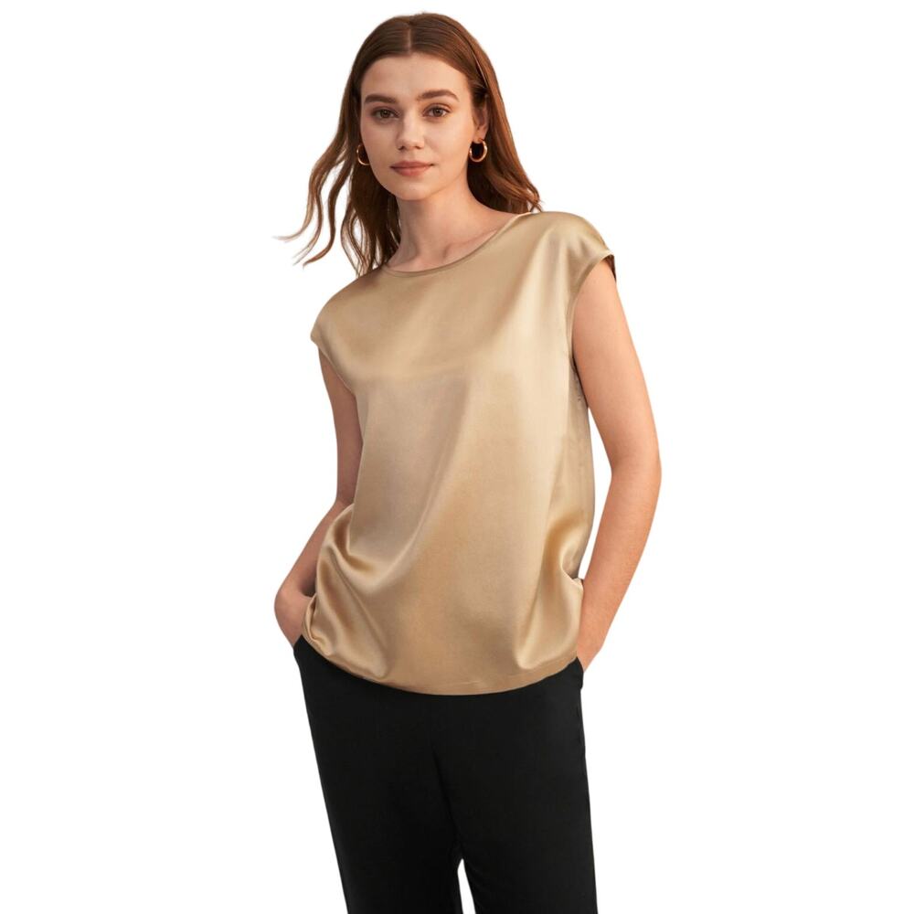 LILYSILK Blouse Womens Large Tan 100% Silk Minimalist Quiet Luxury Office Chic